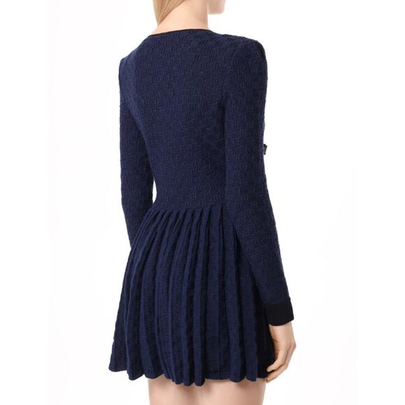 SELF-PORTRAIT Weave Knit Mini Dress Navy Tweed Metallic Long Sleeve Women's L - Picture 4 of 15